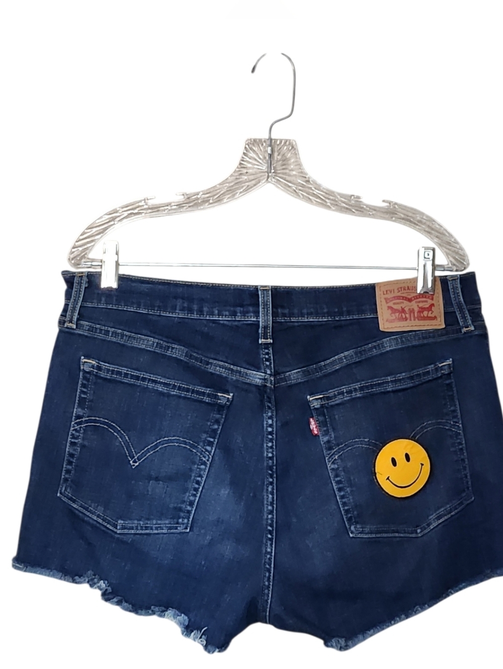 Levi's Dark Blue Denim High Rise Shorts with Yellow Smiley Patch Size 33